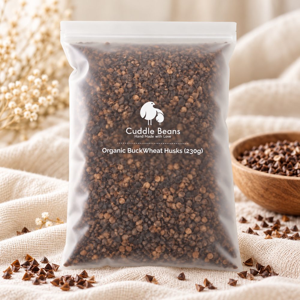 Bag of 230g organic buckwheat husks for a buckwheat husk pillow, with the Cuddle Beans label