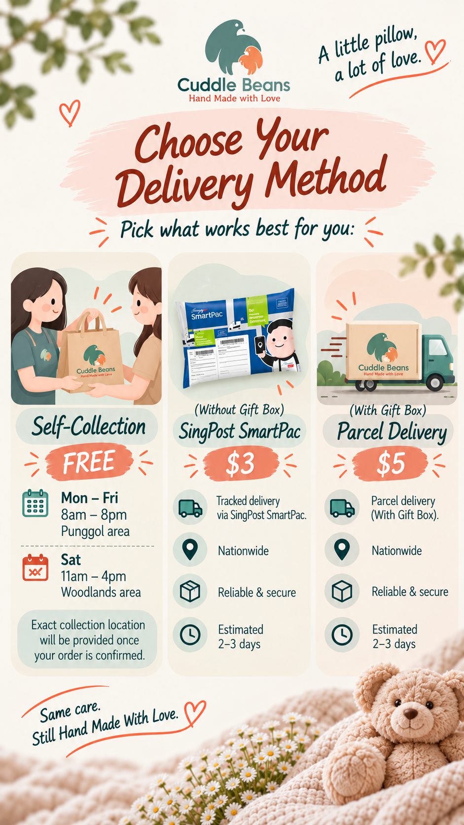 Cuddle Beans collection and delivery options: self-collection, SingPost SmartPac and parcel delivery