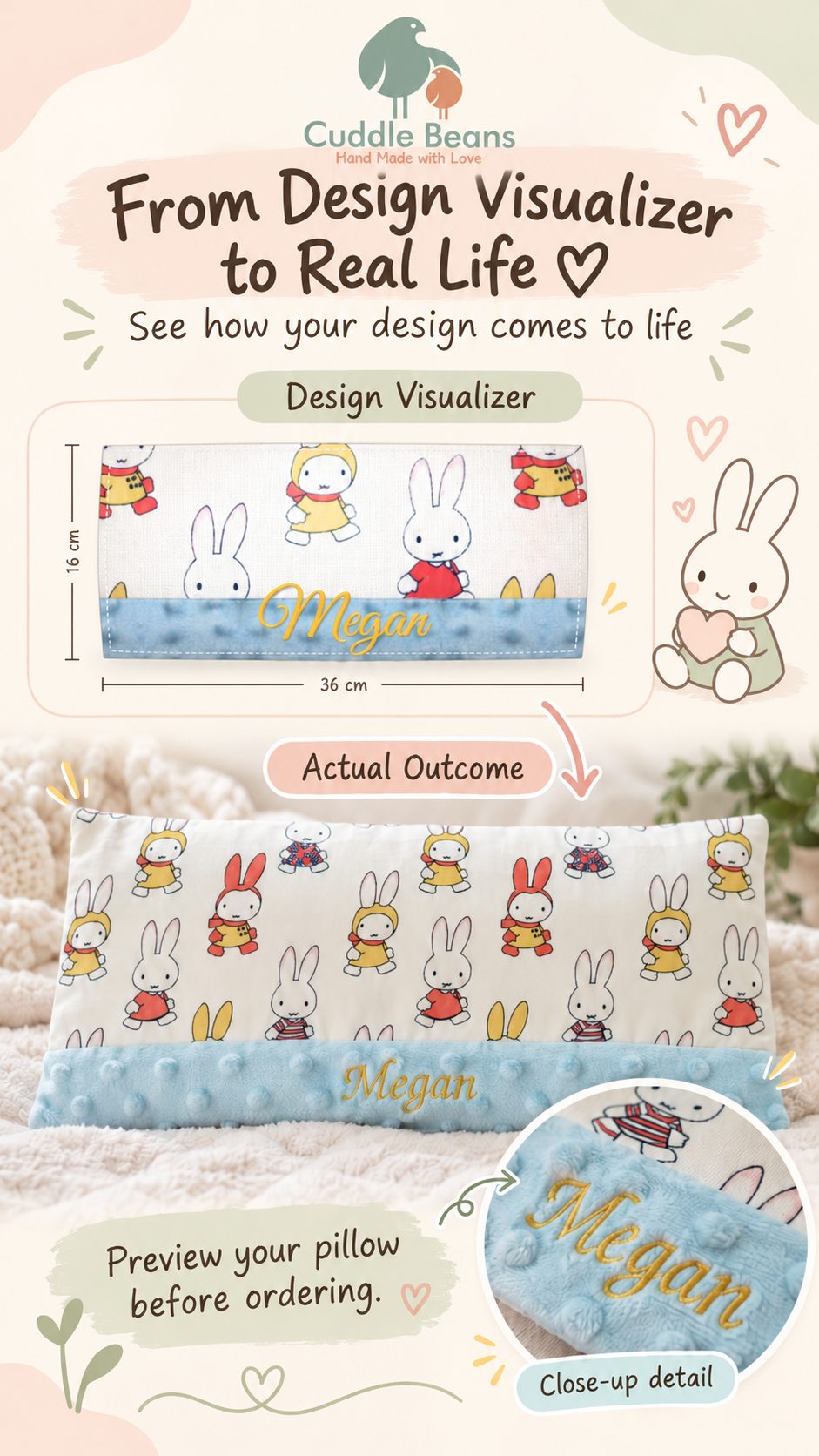 Design visualizer preview of a Miffy fabric pillow with a name panel next to the finished handmade pillow and a close-up of the embroidered name