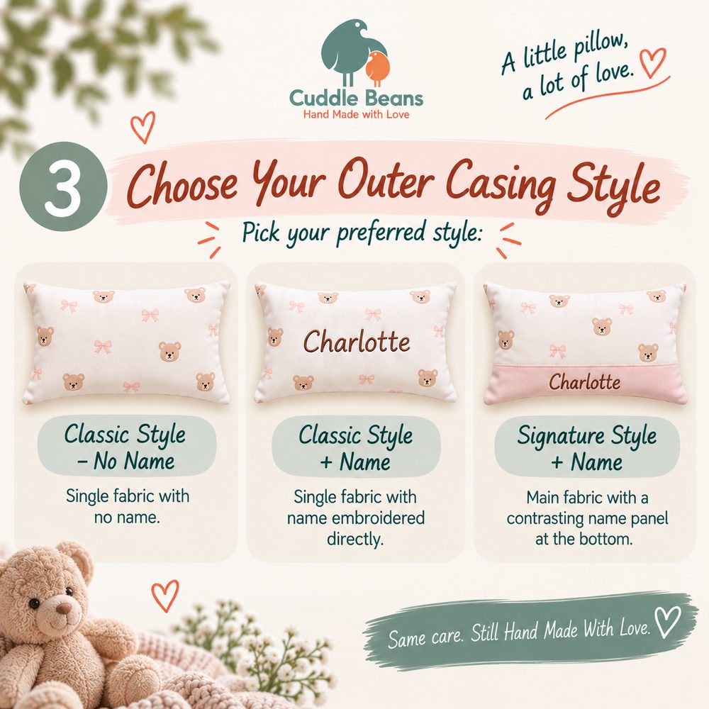 Three personalised baby pillow styles: Classic with no name, Classic with name, and Signature with a contrasting name panel