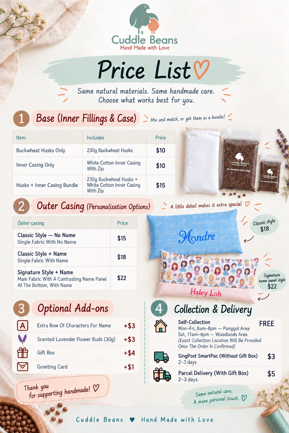 Cuddle Beans price list for buckwheat husk pillows, outer casings, add-ons, collection and delivery