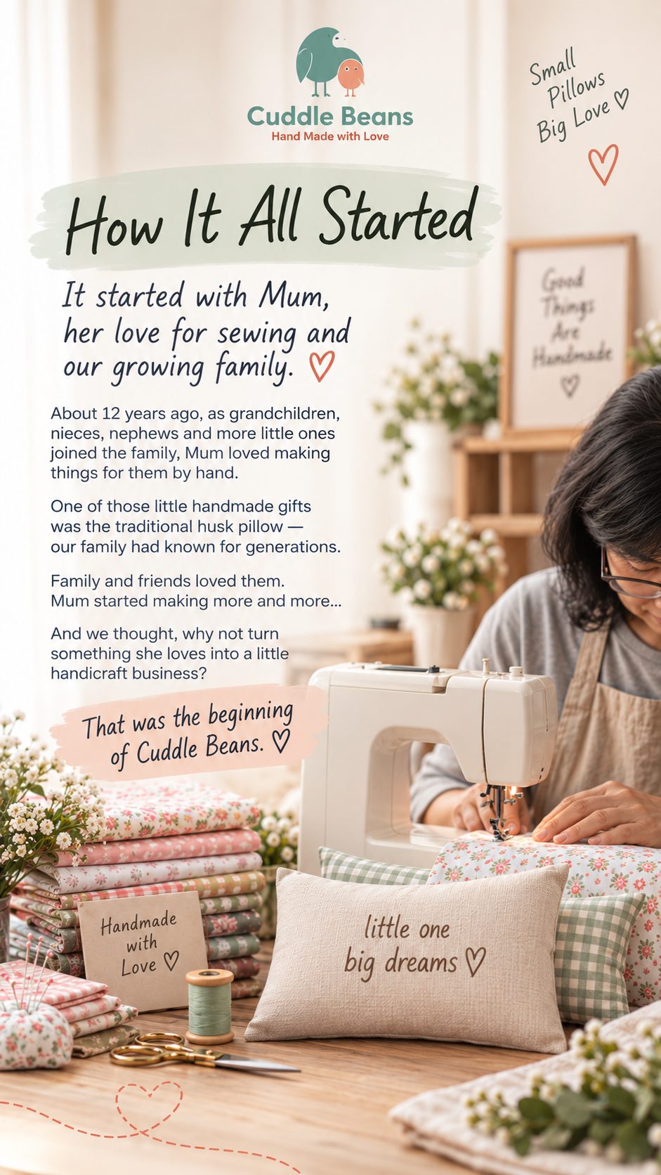 Mum sewing a handmade husk pillow at her sewing machine, surrounded by folded fabrics and thread
