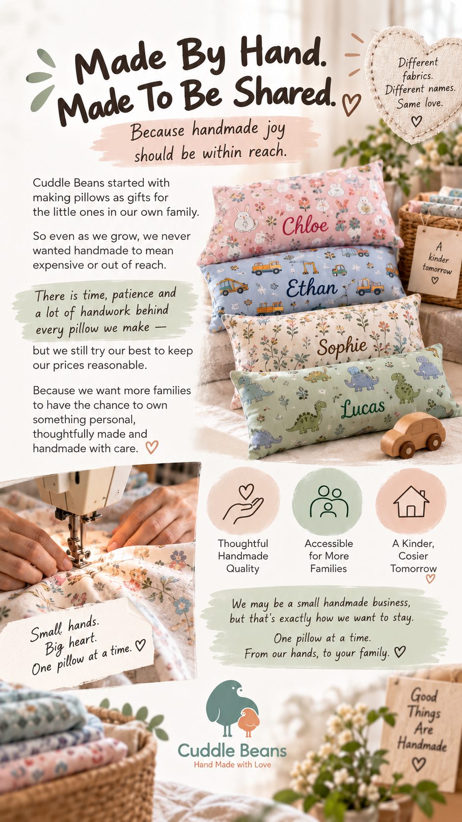 Handmade personalised baby pillows in different fabrics with the names Chloe, Ethan, Sophie and Lucas