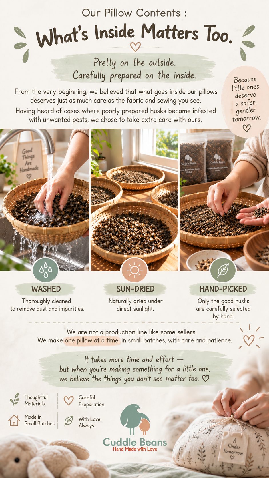 Buckwheat husks being washed, sun-dried in woven baskets and hand-picked before they go into a pillow