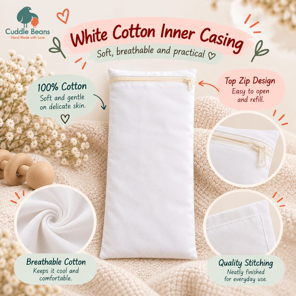 White cotton inner casing with a top zip for a buckwheat husk pillow